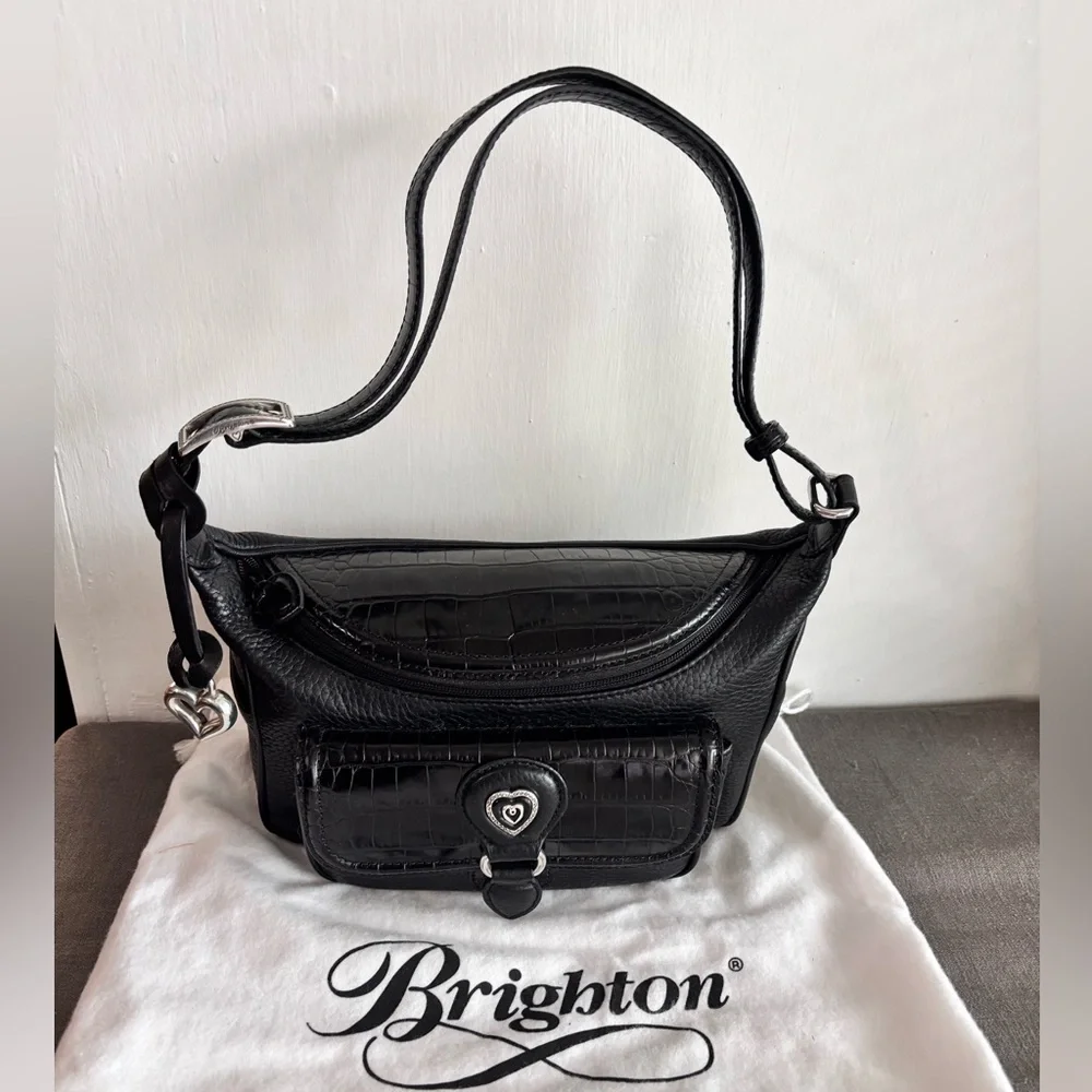 New Without Tags Brighton Monalisa Black Leather Shoulder Bag Purse - Picture 1 of 12